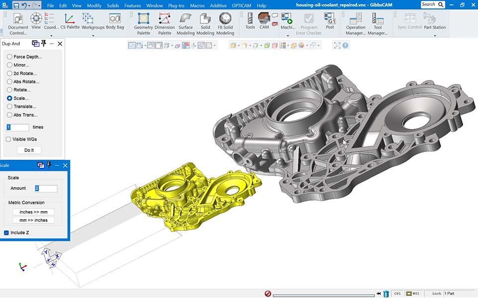 GibbsCAM 2026 enhances geometry control by enabling precise scaling of solids and sheets, and nonplanar rotation around any axis with live previews.