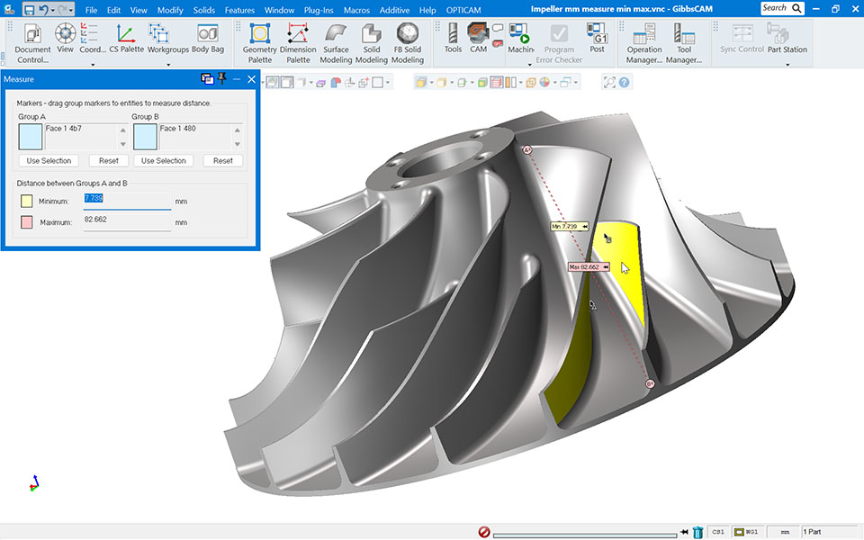 GibbsCAM 2026 enhances measurement functionality by showing min/max distances between 2D or 3D elements for more clarity during part inspection and setup verification.
